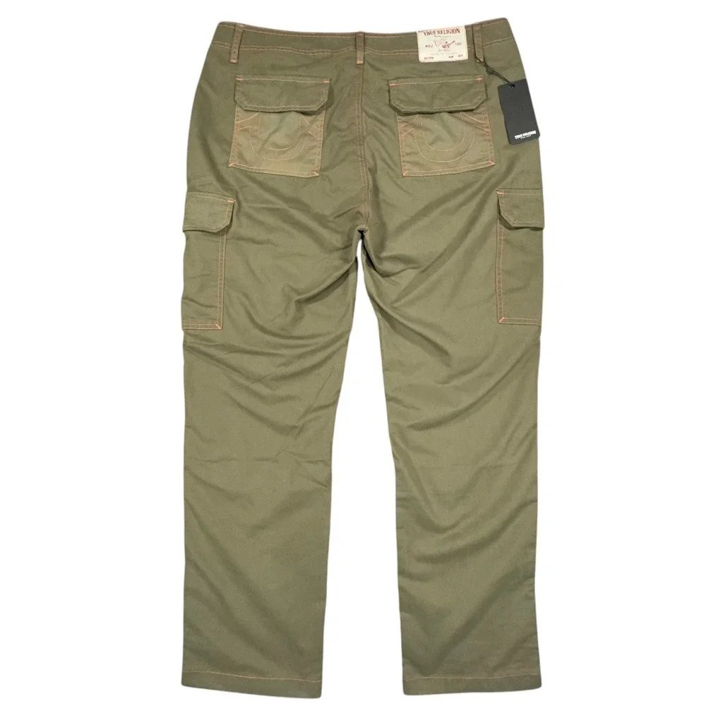 True Religion Cargo Pants Mens 38 Olive Green Twill Orange Stitching 108335 NWT